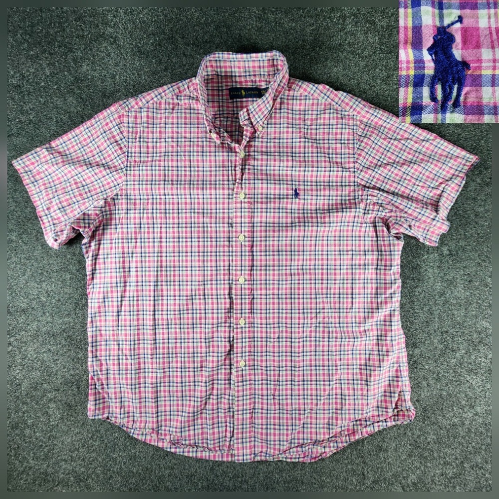 Ralph Lauren Plaid Button Down Shirt Men's 2XL Pink Blue White Cotton EUC‎